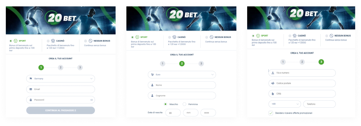 20bet Passaggi per la registrazione